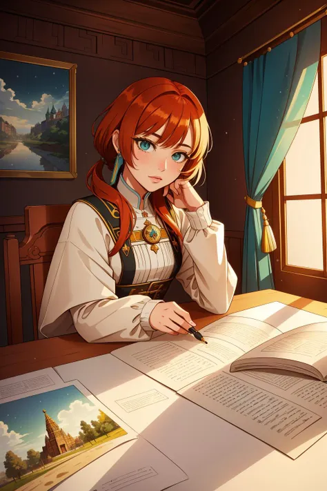 anime girl sitting at a table with a book and pen