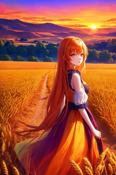 polychrome, colorful, scenery, 1girl, wheat field, orange hair, gold eyes, sunset,