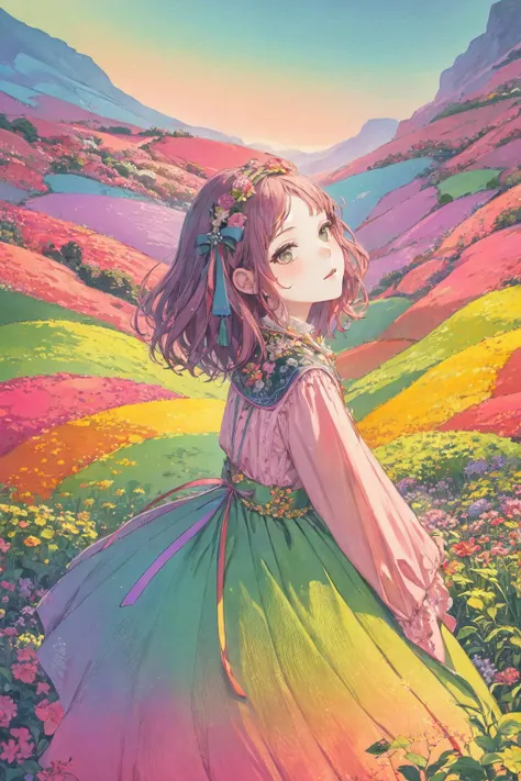 polychrome, limited palette, colorful, scenery, 1girl, rainbow, green city,, detailed background, masterpiece, best quality,