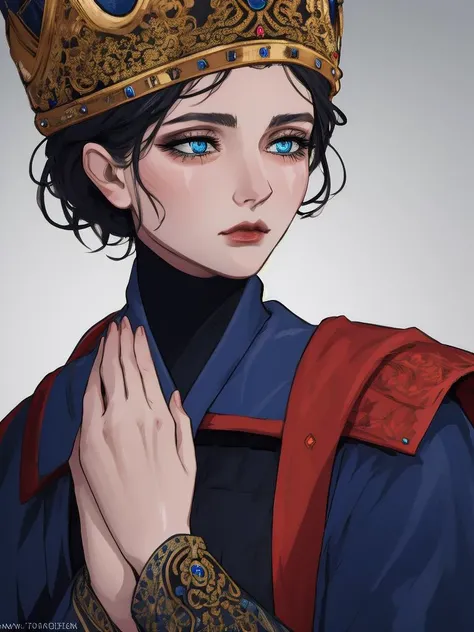 RAW photo, (high detailed skin, detailed eyes:1.1), intricate details, best quality, 8k uhd, 1girl, solo, Rennala, short black hair, blue eyes, ReDres,  jewelry, blue robe, long crown, long sleeves, wide sleeves, sad expression, tall woman <lora:Rennala:0....