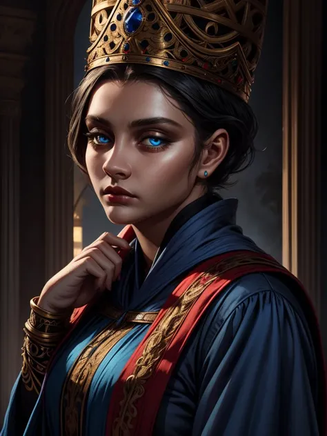 RAW photo, (high detailed skin, detailed eyes:1.1), intricate details, best quality, 8k uhd, Rennala, short black hair, blue eyes, sad expression, tall woman, ReDres, jewelry,blue robe,long crown,long sleeves, wide sleeves <lora:Rennala-10v3:0.7>