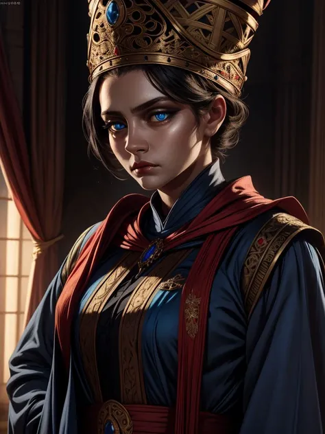 RAW photo, (high detailed skin, detailed eyes:1.1), intricate details, best quality, 8k uhd, Rennala, short black hair, blue eyes, sad expression, tall woman, ReDres, jewelry,blue robe,long crown,long sleeves, wide sleeves <lora:Rennala-10v3:0.7>