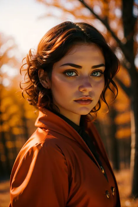 a close up of a woman with a red jacket and a tree in the background