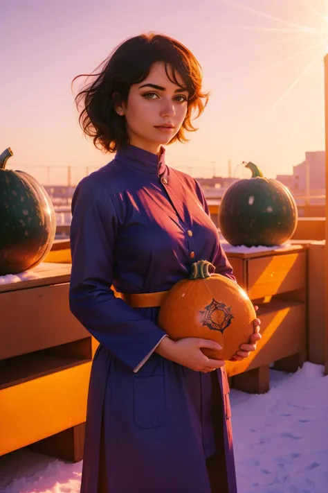 arafed woman in a purple dress holding a pumpkin