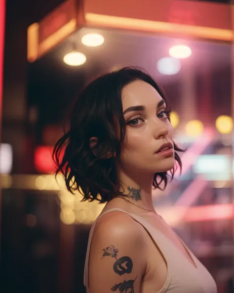 a woman with tattoos on her arm standing in front of a neon sign