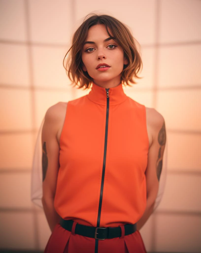 a woman with a tattoo on her arm and a bright orange top