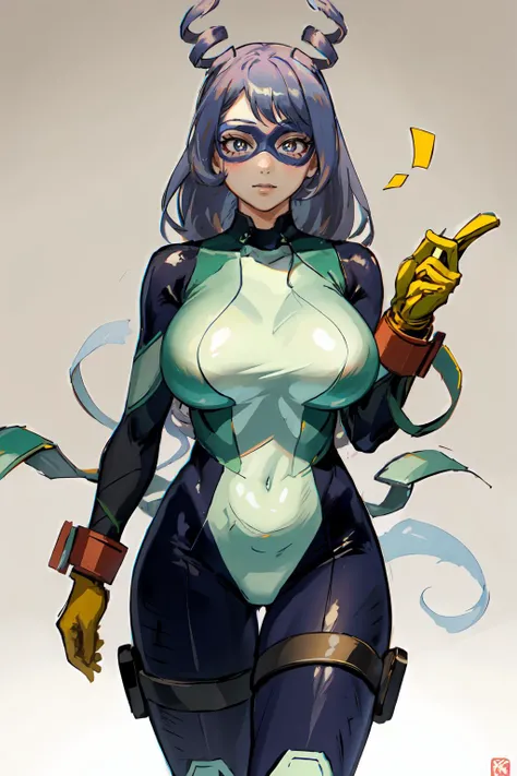 <lora:HeroMasks:1> Hero Masks Style, <lora:hadou_nejire:0.9> aanejire, hair horns, drill hair, long hair, large breasts, superhero, bodysuit, blue bodysuit, skin tight, gloves, yellow gloves, covered navel, thigh strap, boots,, ultra detailed, masterpiece,...