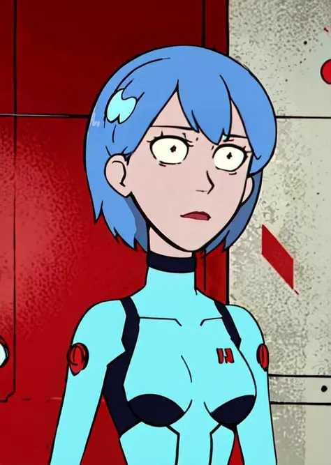 Rei Ayanami, 1girl,solo, red dots for eyes, blue short hair, plugsuit, masterpiece, best quality, flat color, upper body  <lora:rickandmortystyleepoch13:0.8>,  <lora:evangelion_anime_style_offset:0.8>