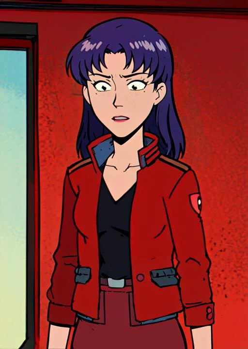 Misato Kasuragi, 1girl,solo,black eyes, red hair, red jacket, black skirt, masterpiece, best quality, flat color, upper body  <lora:rickandmortystyleepoch13:0.8>,  <lora:evangelion_anime_style_offset:0.8>