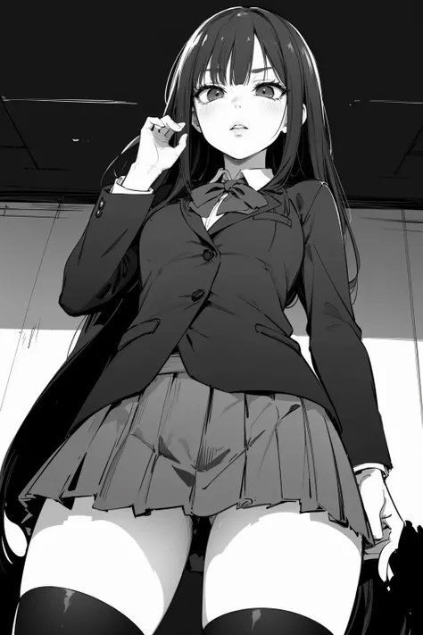 ((masterpiece)), (best quality), official art, extremely detailed CG, unity 8k wallpaper, ultra detailed, 
1girl, shibuya rin, cowboy shot, school uniform, blazer, 
monochrome, sketch, greyscale, (disgust:1.4), (parted lips:1.3), from below, 
 <lora:165860...