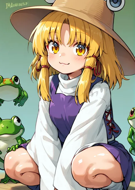 anime girl with a hat and frog sitting on a rock