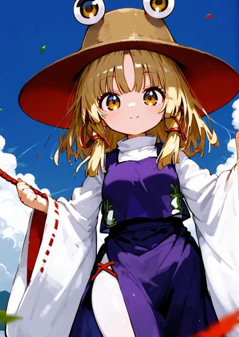 anime girl in a purple dress and hat holding a red stick