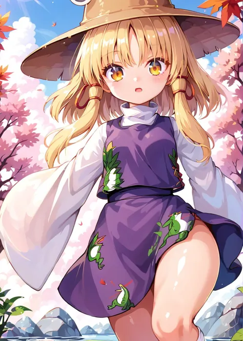 anime girl in a purple dress and a hat walking in the woods