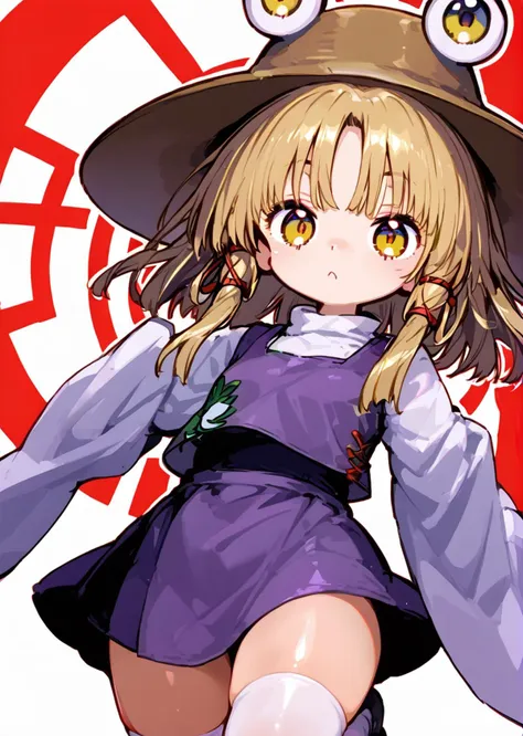 anime girl with a hat and a purple dress and a red background