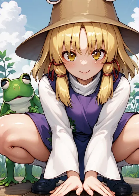 anime girl with a hat and frog sitting on a wooden platform