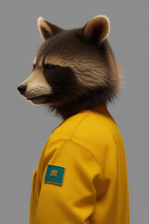 a close up of a raccoon wearing a yellow jacket