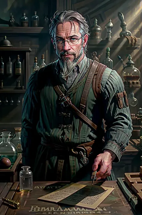 lab assistant:1.3, <lora:RPGLabs:0.8>, solo, 1boy, medieval, male focus, indoors, window, facial hair, bottle, old, old man, blue eyes, cape, food, quill, (realistic:1.3), (medieval laboratory:1.1), (professional lighting:1.2), <lora:Style Alloldrpgarts1 1...