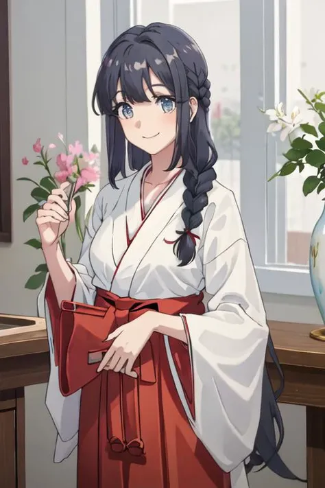 best quality, masterpiece, highres, solo, {white kimono:1.35}, {red hakama:1.35}, {wide sleeves:1.20}, {makinohara_shoko_seishunbutayarou:1.15}, long_hair, bangs, black_hair, braid, blue_eyes, smile, closed_mouth, blue_hair