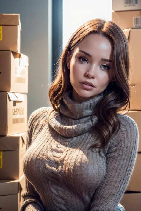 photo of S132_ChloeFoxxe, a stunning woman, in front of (boxes:1.2) wearing a (cowl-neck sweater:1.2), (sunset:1.1) (8k, RAW photo, best quality, depth of field, ultra high res:1.2), (absurdres, intricate, photorealistic, masterpiece, ultra-detailed:1.3)