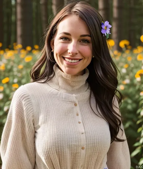 arafed woman in a white sweater and a purple flower in her hair