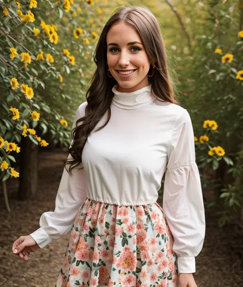 a woman in a white top and floral skirt standing in front of flowers