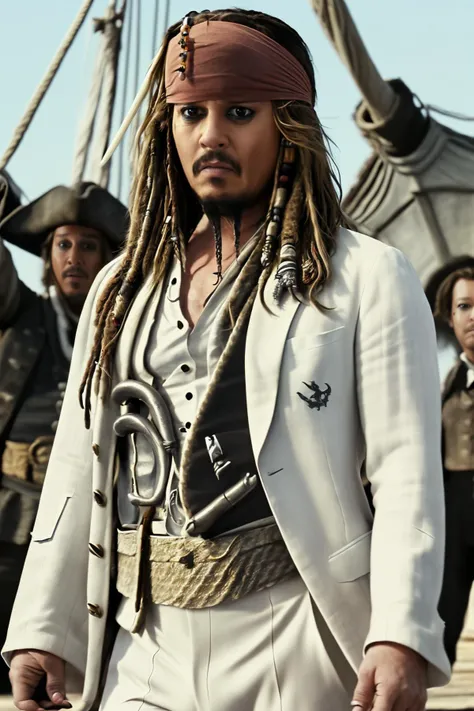 1boy,jack sparrow wearing a white suit,masterpiece,realistic,<lora:jack_sparrow:0.6>,pirates_of_the_caribbean background,bandana,(white suit:1.4),