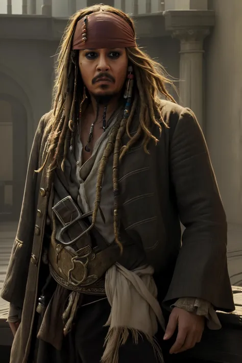 1boy,jack sparrow,pirate coat,masterpiece,realistic,<lora:jack_sparrow:0.4>, pirates_of_the_caribbean background, bandana