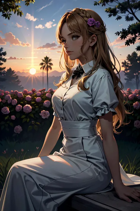 ((ultra detailed, masterpiece, absurdres))
 <lora:QuarryEmma:0.9>
QuarryEmma, 1girl, solo, long hair, blonde hair, sitting in a garden, roses, colorful, sundown, cinematic lighting