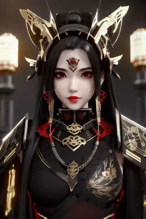 a woman in a black outfit with red eyes and a crown