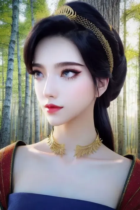 a woman in a blue dress and gold jewelry in a forest