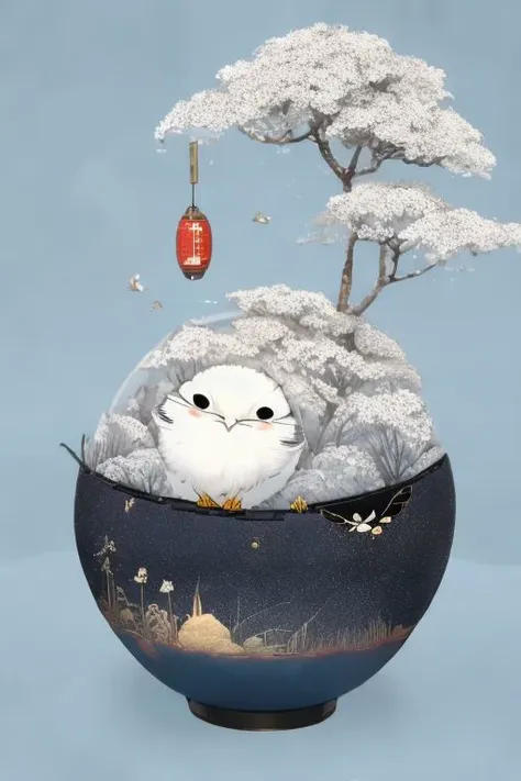 there is a small white cat sitting in a bowl with a tree