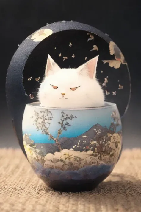 there is a white cat sitting in a bowl with a sky background