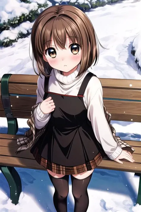 ultra-detailed,masterpiece,best quality,1girl,snow,bench,from above,misaka shiori,small breasts,petite,facing viewer,shy <lora:add_detail:0.7> <lora:misaka shiori:0.7>black dress over white turtleneck, brown plaid shawl, black stockings