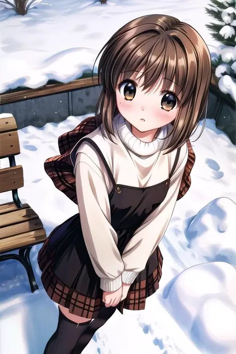 ultra-detailed,masterpiece,best quality,1girl,snow,bench,from above,misaka shiori,small breasts,black dress over white turtleneck, brown plaid shawl, black stockings,shy <lora:add_detail:0.7> <lora:misaka shiori:0.7>