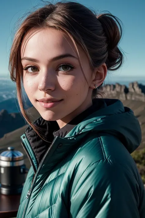 photo of beautiful (EP4nn4Cr4ml1ng:0.99), a woman with perfect hair, hair upsweep updo, wearing (sky blue Quilted Jacket :1.1), (standing at Table Mountain - Cape Town, South Africa :1.1), modelshoot style, (extremely detailed CG unity 8k wallpaper), profe...