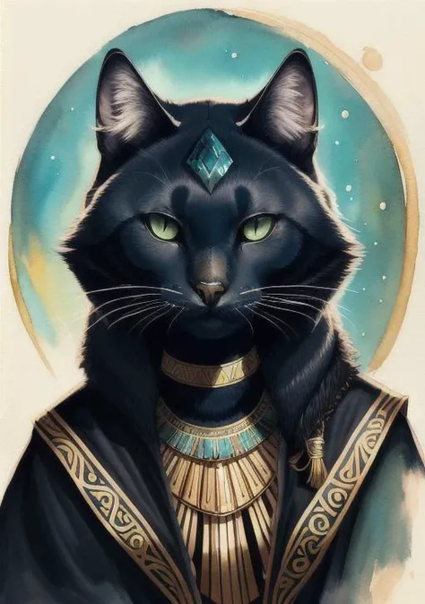 OldEgyptAI, young black tabaxi rogue with some magic tricks, her fur is pure black, shining crystal green eyes, like a black jaguar, cave Inks and watercolor painting, high fantasy, muted color, <lora:OldEgyptAI:0.5>