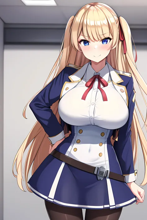 ((masterpiece, best quality)),1girl,standing,hands behind back,smile,indoors,bangs, sussex (azur lane), belt,  blonde_hair,blue_eyes, breasts, cowboy_shot hair_ribbon, jacket, long_hair, pantyhose, red_ribbon, ribbon, skirt, ,,,,,,,, ,extremely detailed CG...