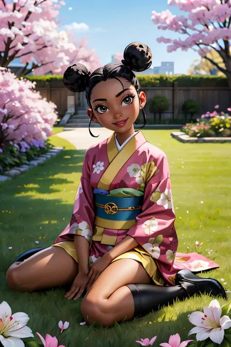 bumblebee_dc, dark skin, black hair, double hair bun, traditional kimono, sash, long sleeves, looking at viewer, serious, smiling, sitting, wariza, on grass, garden, flowers, cherry blossom, sunny,  high quality, masterpiece<lora:Bumblebee_DC:.7>