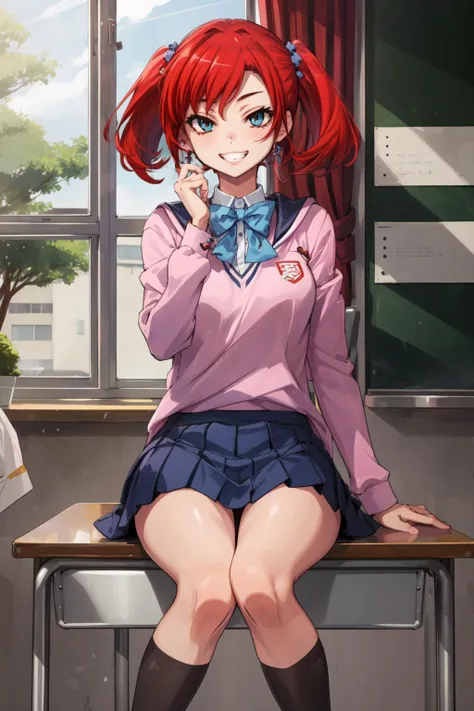 masterpiece,best quality,1girl,dscs-nokia,short hair,red hair,short twintails,hair ornament,school uniform,grin,sitting,classroom,<lora:dscs-nokia:0.5>,