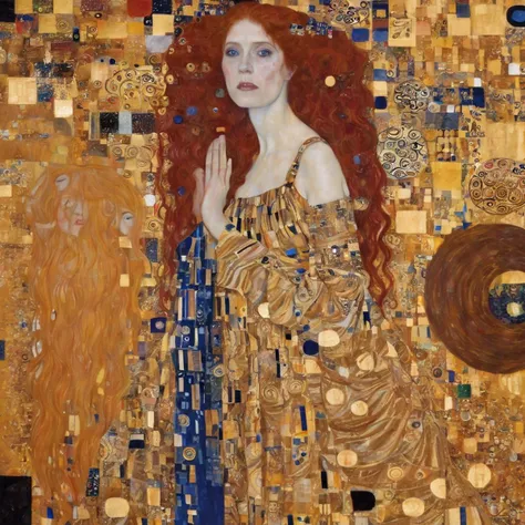 <lora:kl1m:1>kl1m phse gold background, spirals, circles, squares, intricate patterns, shiny, decadent, woman with long red hair in long golden dress, eyes, blue red white mixed in sporadically, every shade of gold, shimmering, in the style of gustav klimt