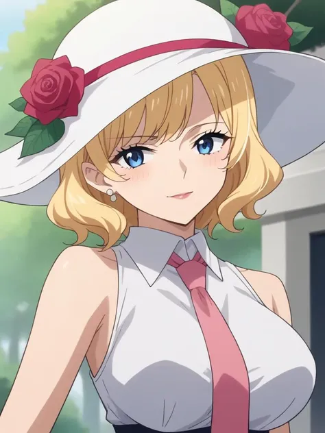 anime girl with a white hat and pink tie and a rose in her hair