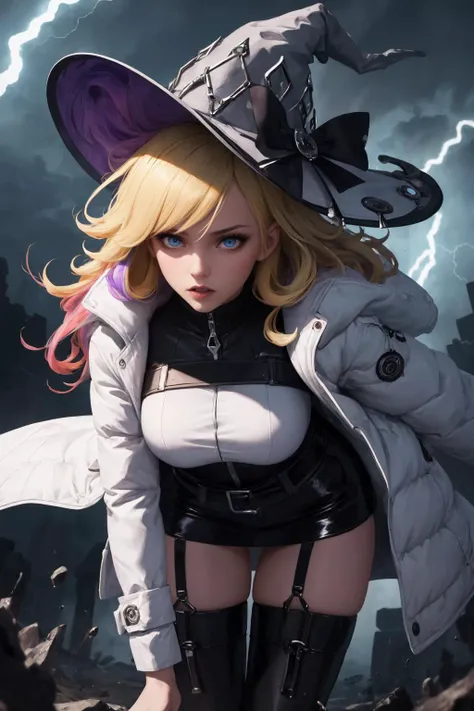 best quality, highly detailed, 8K RAW photo,  bent over, <lora:diabellze-ygo-richy-v1:.8> diabellze, blue eyes, blonde hair, purple hair, multicolored hair, witch hat, white coat, white bodysuit, multiple belts, Create a swirling tornado of colors, with tw...