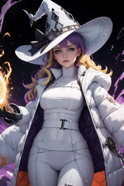 best quality, highly detailed, 8K RAW photo,  waving, <lora:diabellze-ygo-richy-v1:.8> diabellze, blue eyes, blonde hair, purple hair, multicolored hair, witch hat, white coat, white bodysuit, multiple belts, Merge colors in a fusion of dynamic energy, wit...