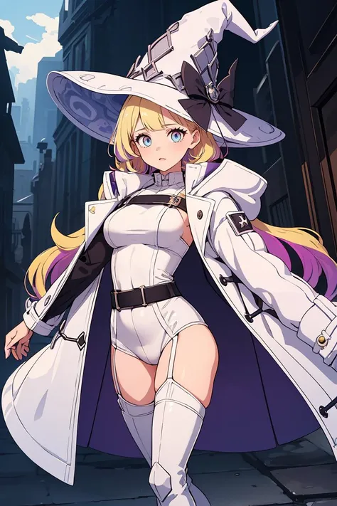 (masterpiece, best quality), 1girl,  <lora:diabellze-ygo-richy-v1:0.8> diabellze, blue eyes, blonde hair, purple hair, multicolored hair, witch hat, white coat, white bodysuit, multiple belts, thigh boots