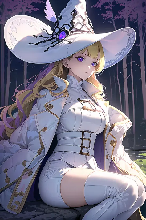 anime girl in white outfit sitting on rock with hat and purple eyes