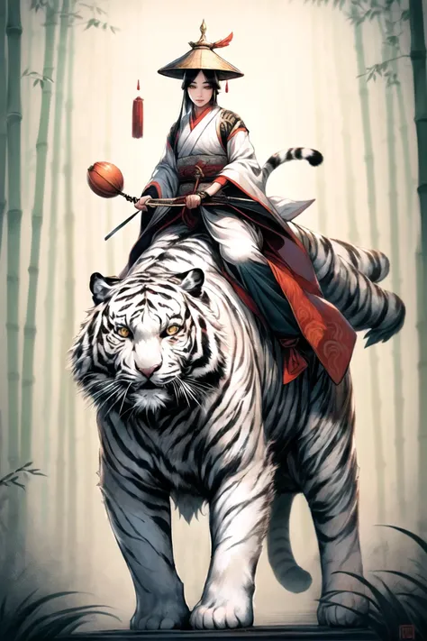 A stunning Chinese beauty in traditional Hanfu attire riding a massive tiger, carrying a large gourd, in the style of Chinese ink painting, East Asian architecture, 1girl, solo, Bamboo hat, (white tiger:1.6), <lora:Riding a giant tiger_20230822144927:0.8>,...