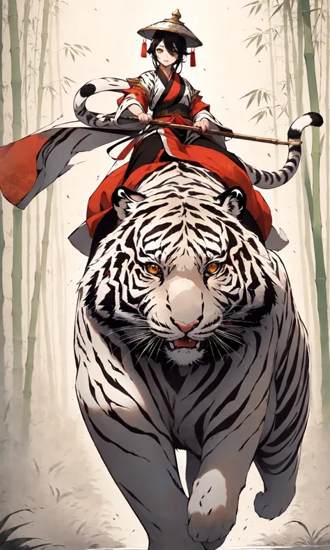 A stunning Chinese beauty in traditional Hanfu attire riding a massive tiger, carrying a large gourd,
in the style of Chinese ink paintingEast Asian architecture
1girl,  solo,  Bamboo hat, (white tiger:1.6),
<lora:Riding a giant tiger_20230822144927:0.8>