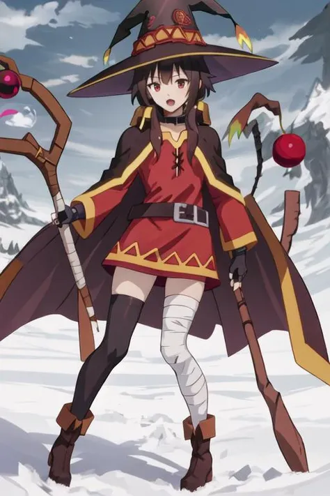 best quality, masterpiece, highres, solo, {megumin_konosuba:1.15}, short_hair, brown_hair, red_eyes, short_hair_with_long_locks, hat, witch_hat, cape, black_hair, open_mouth, bandaged_leg, bandages, dress, gloves, single_thighhigh, thighhighs, 1girl, belt,...