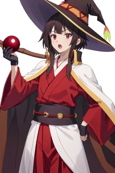 best quality, masterpiece, highres, solo, {white kimono:1.35}, {red hakama:1.35}, {wide sleeves:1.20}, {megumin_konosuba:1.15}, short_hair, brown_hair, red_eyes, short_hair_with_long_locks, hat, witch_hat, cape, black_hair, open_mouth