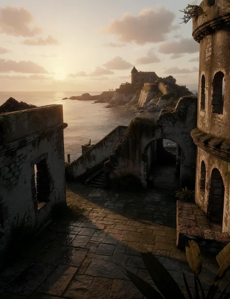 cav_rdrguarma, sunset, ruin, a view of an old fort and the ocean
<lora:cav_rdrguarma:.6>